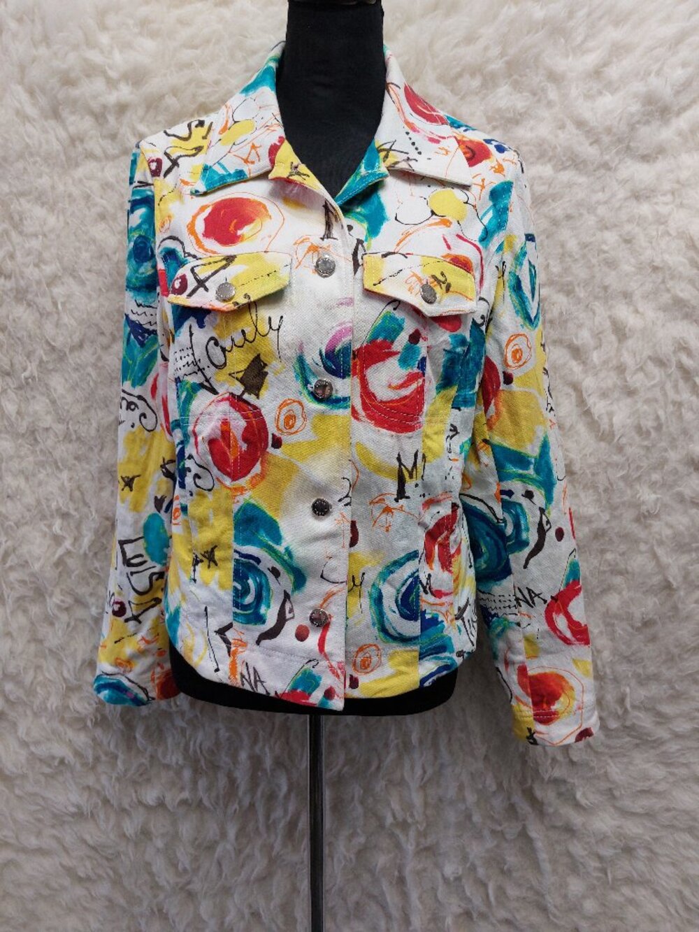 Vintage Peter Nygard Vibrant White Abstract Multi-Color Pop-Art Denim Jacket 8